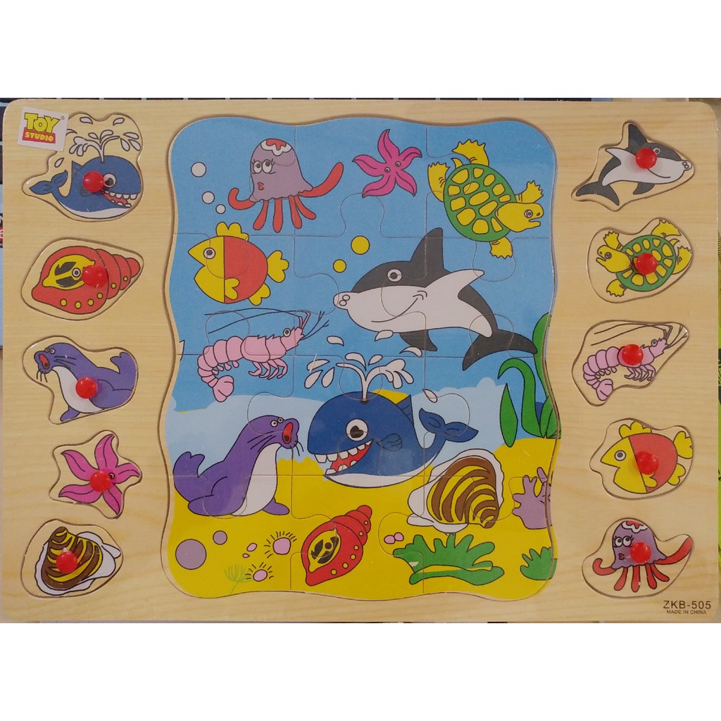 Sea Animal Wooden Puzzle Wood Knob. EDUCATIONAL TOYS FOR CHILDREN TO ...