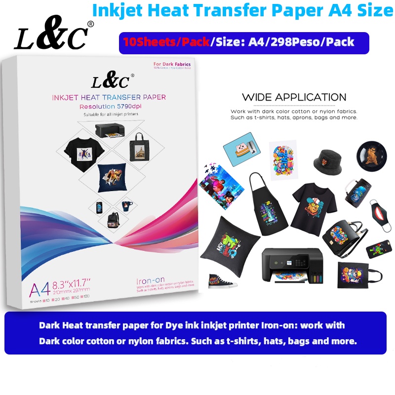 L&C Inkjet Heat Transfer Paper Suitable A4 For Dark Fabrics Compatible All  Inkjet Printers 10 Sheets