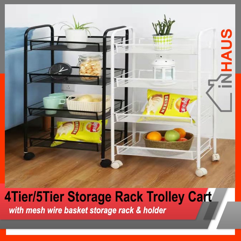 INHAUS 4 Tier/ 5 Tier Metal Storage Rack Movable Trolley With Mesh Wire ...