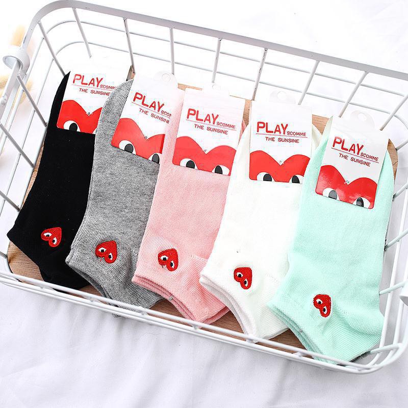 5 PCS CDG HEART COTTON SOCKS Shallow Socks Boat Socks Black White Gray