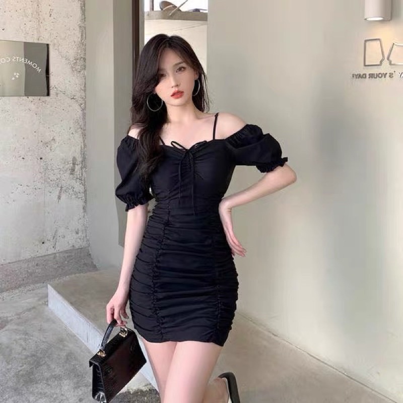 Black dress women's summer 2021 new French light mature wind bubble ...