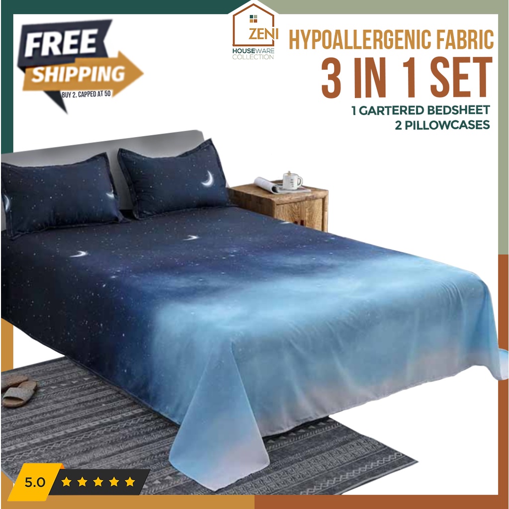 ZENI Canadian Cotton 3 in 1 Bedsheet Queen Size Garterized Blue Ombre