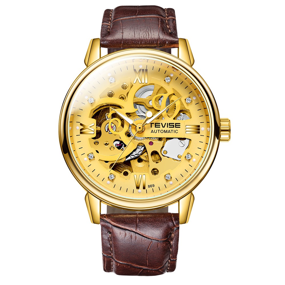 TEVISE Men Watches Automatic Mechanical Skeleton Diamond Studded Watch Genuine Leather Band Luminous Hands 3ATM Shopee Philippines