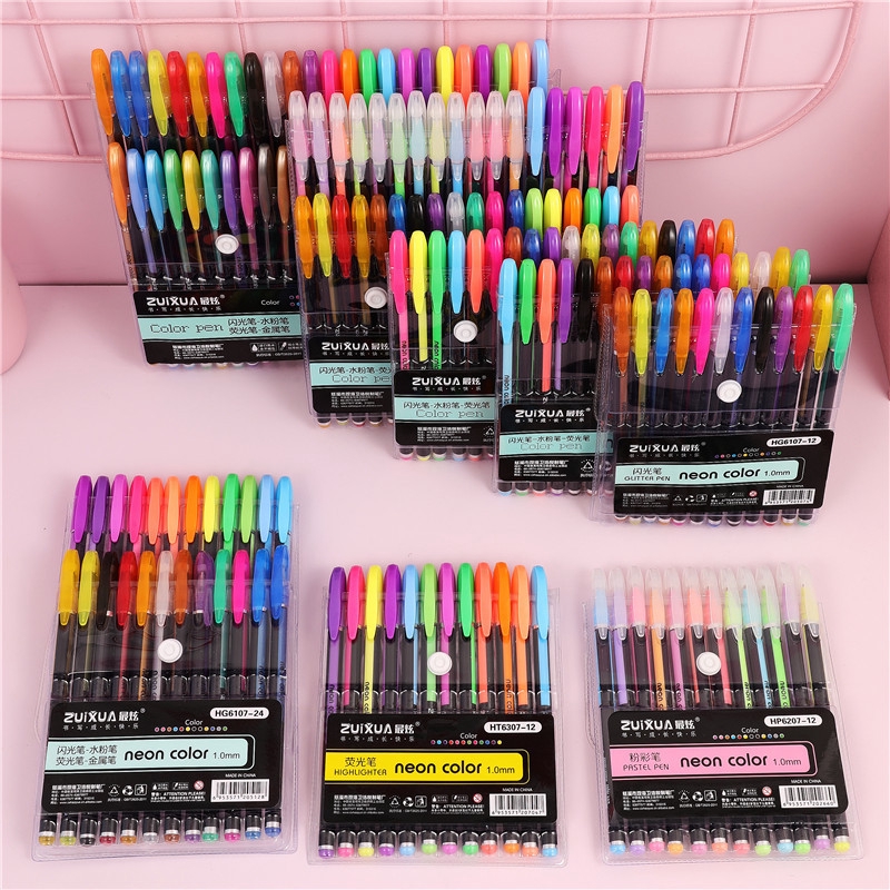 48pcs/Set Glitter Sketch Drawing Color Pen Markers Gel Pens Set Refill  Rollerball Pastel Neon Marker Office School Stationery