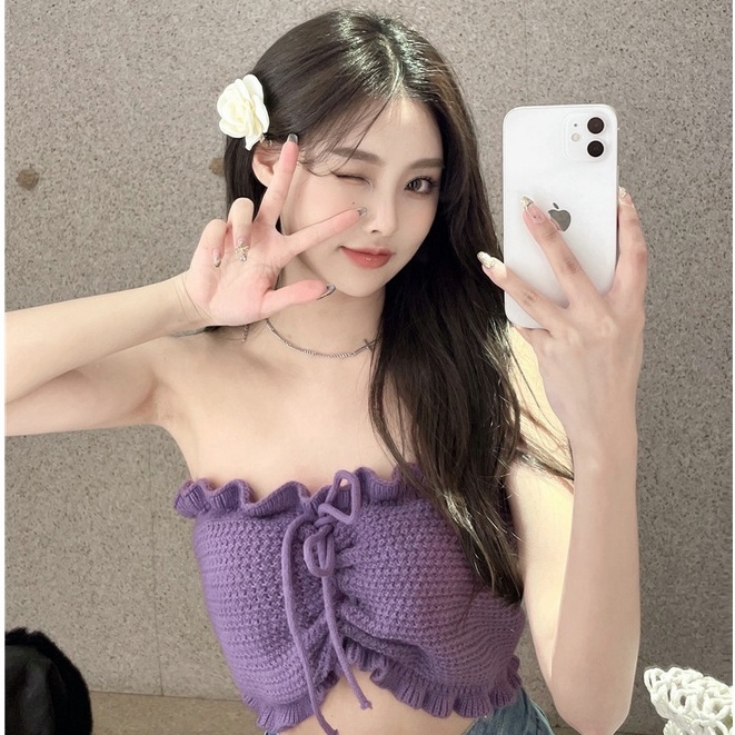 Knitted Vests Korean Solid Color Halter Drawstr Slim Exposed Navel Knitted Camisole Crop Top Je 9683