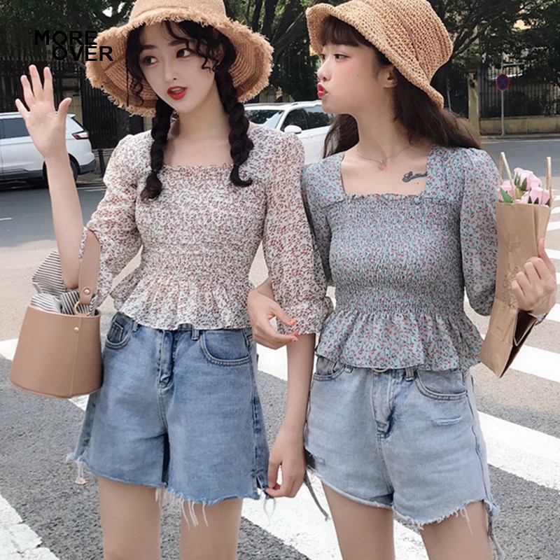 Chiffon Crop Tops Women Korean Top Square Neck Top Collar Short Female  Floral Sweet Shirt For Girls [Ready Stock]