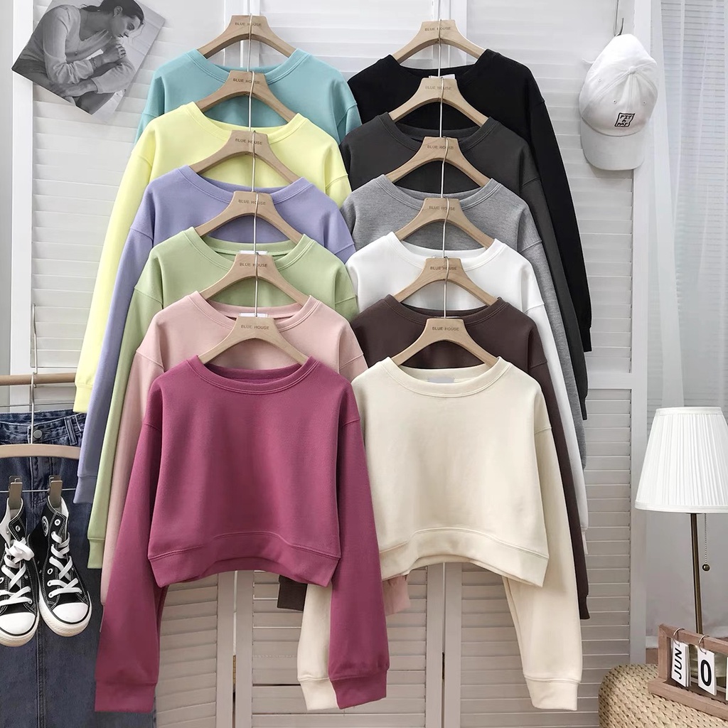 Korean Casual Loose Round Neck Pullover Long-Sleeve Crop Top Sweater ...