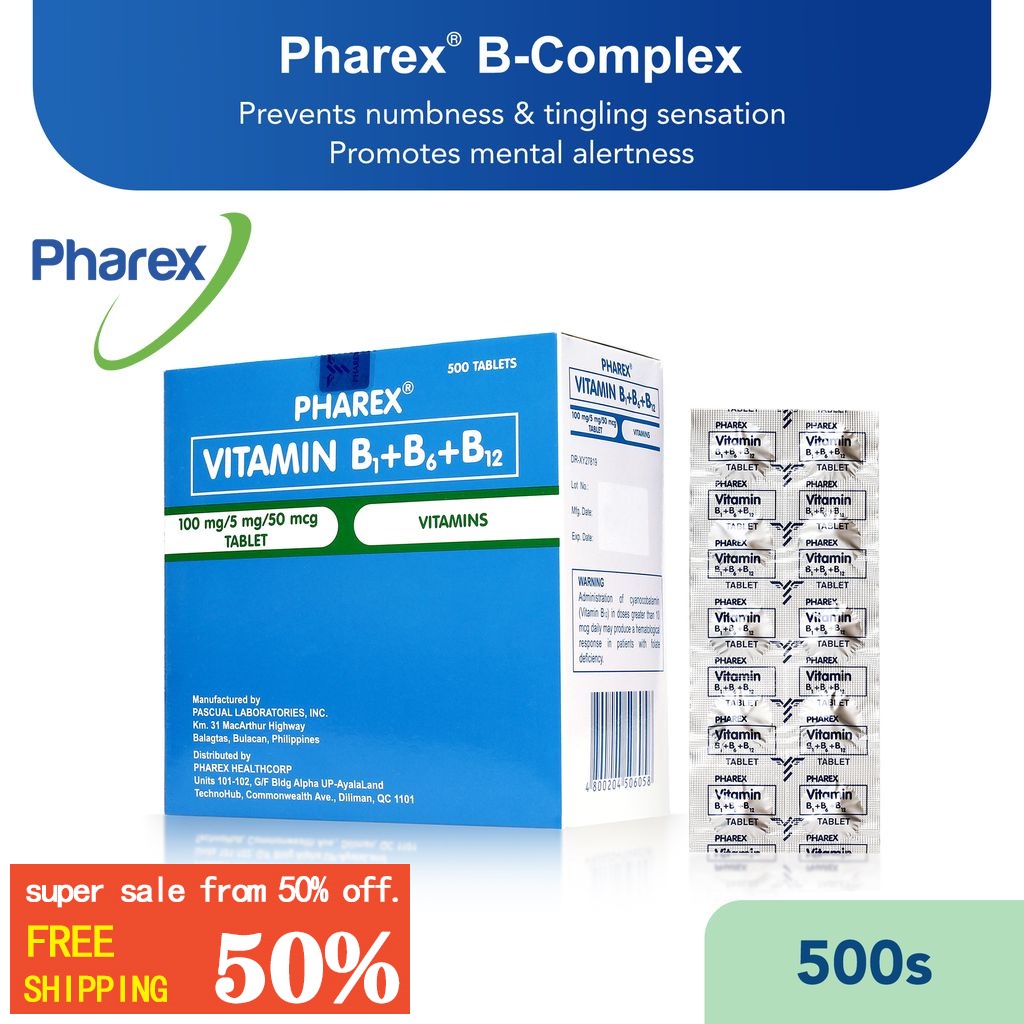 Pharex B-Complex Vitamin B1+B6+B12 100mg/5mg/50mcg 500 Tablets (Nerve ...