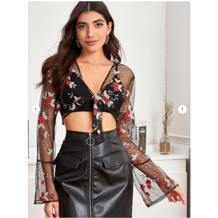 Flower embroidered cheap mesh top