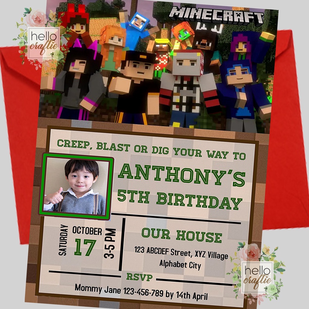 Minecraft Theme Birthday Party Invitation Card