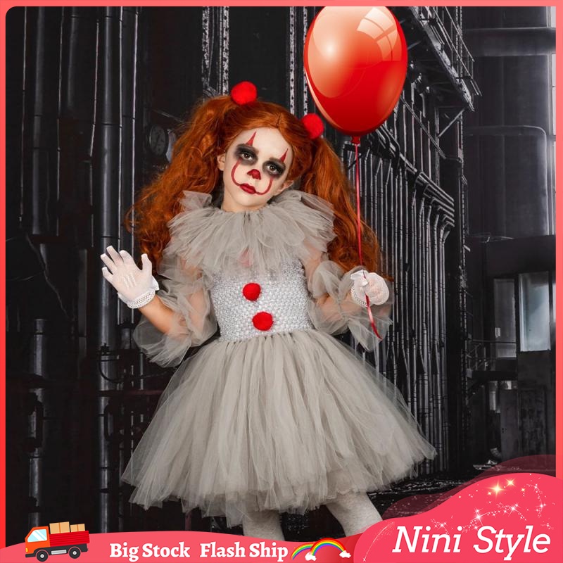 Creepy Clown Girls Halloween Costume Gray Tutu Dress For Kids Carnival