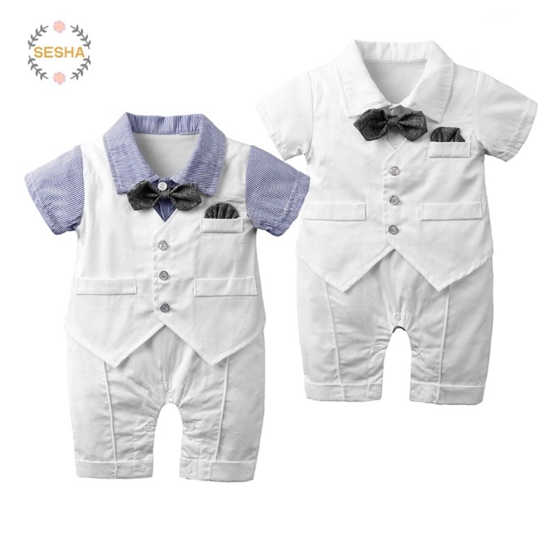 Baby boy white shirt romper bow tie gentleman short sleeve bodysuit
