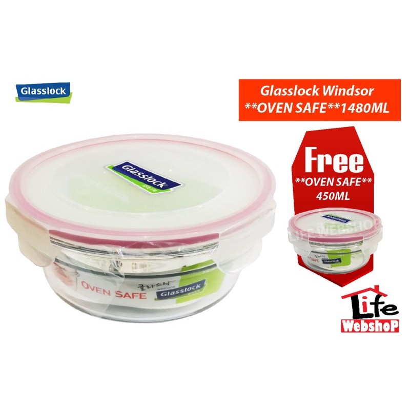 (BUY 1 FREE 1) GLASSLOCK OVEN SAFE FOOD CONTAINER ROUND 1480ML + 405ML ...