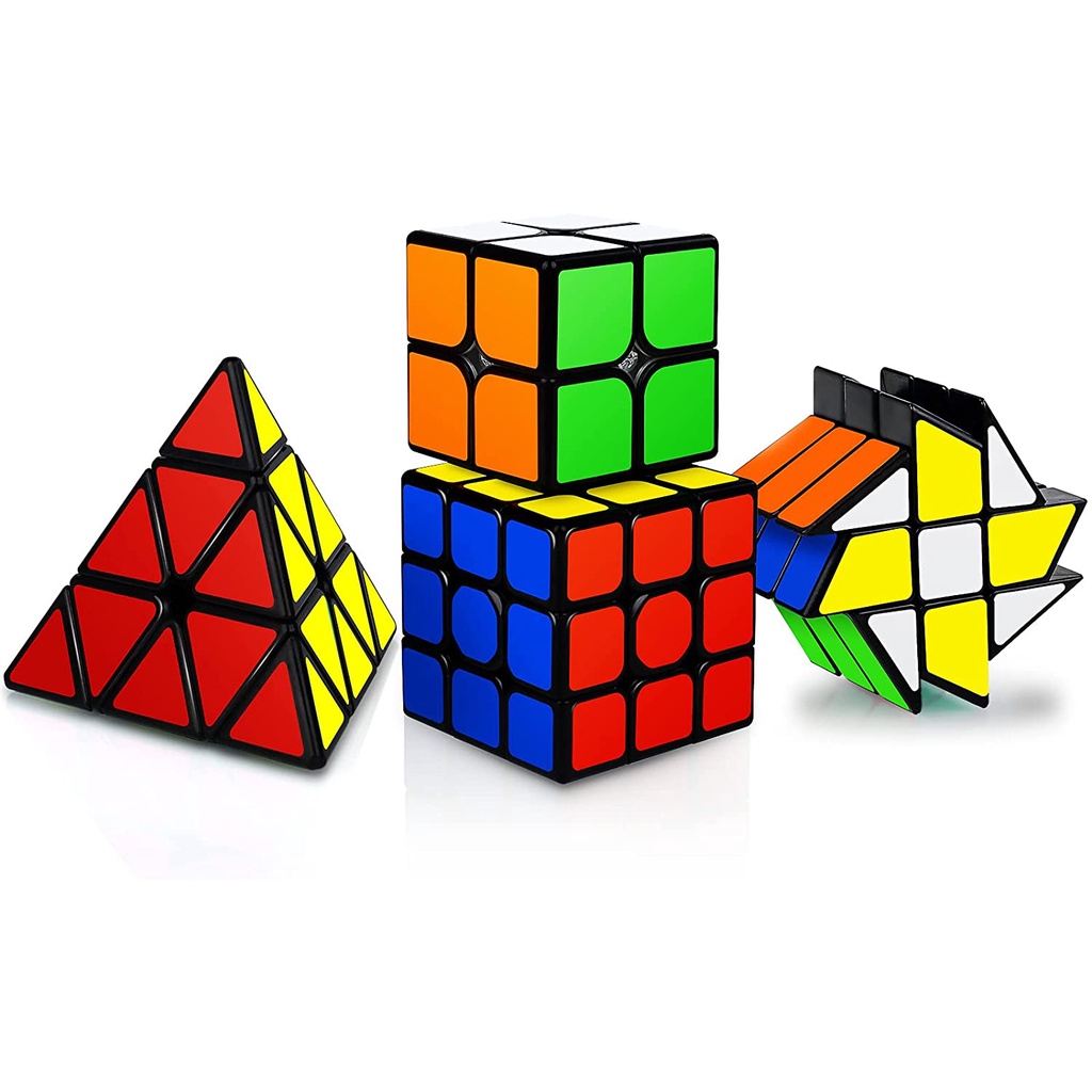 4 Pack Speed Magic Cubes Set 2x2 3x3 Pyraminx Fenghuolun Cube, Easy 