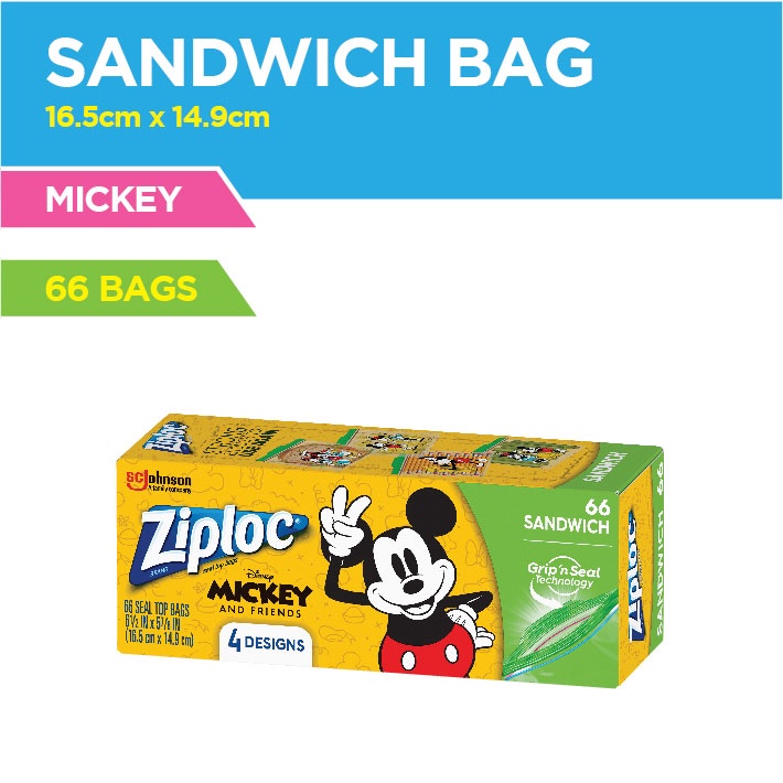 2 Boxes Ziploc Disney Mickey Mouse Sandwich Bags 66 count (4 ADORABLE  Designs)