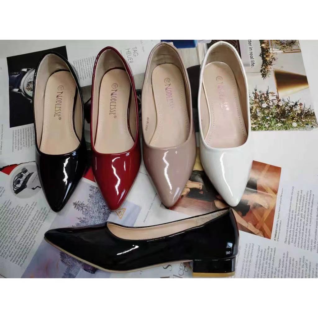 NOBLESSE Korean Pointed Toe Block Heels Office Shoes (1inch leather and ...