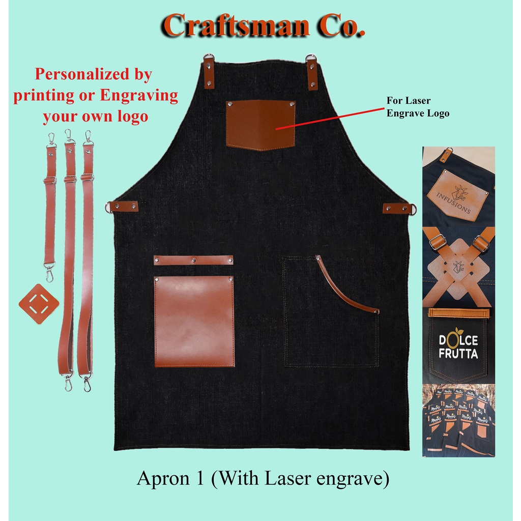 Apron Black Denim Adjustable Batender Barista Leather Strap Apron Chef