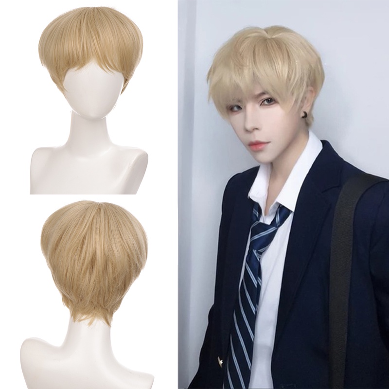 Fashion Men Short Wig Red Blonde Synthetic Wigs With Bangs For Male Women Boy Cosplay Costume