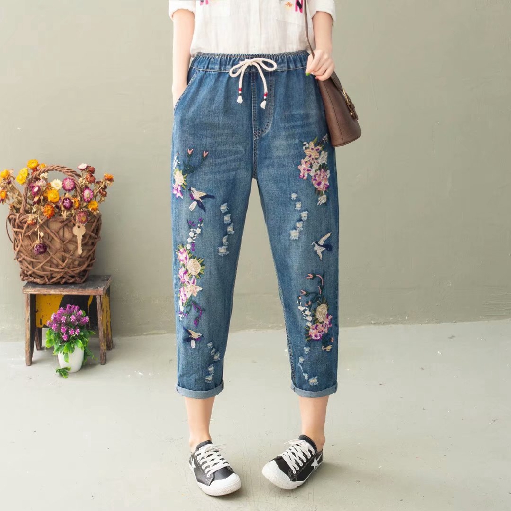 M-3XL Floral Embroidered Blue Jeans Casual Slim 8/10 Denim Pants
