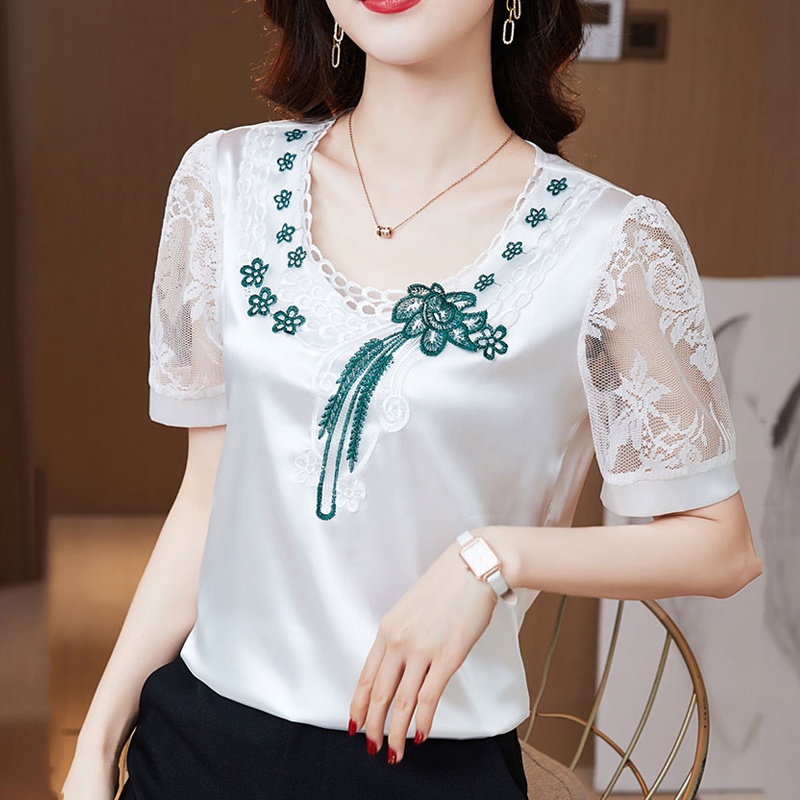 Light Luxury Women Tops Silk Embroidery Blouse Summer Plus Size Blouses ...