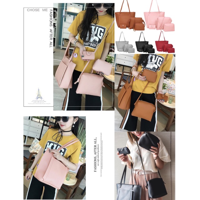 Fashion Korean 4 in 1 Leather tote bucket shoulder bag set | Shopee ...