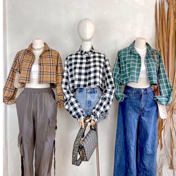  Polo Checkered Crop Top Long Sleeves Flannel Polo Jacket Button  Down Tops 6A0166 | Shopee Philippines