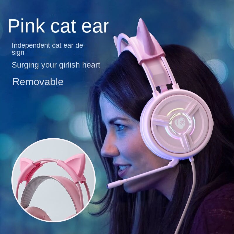 Cat Ears Pink Head-Mounted Wired Gaming Desktop Laptop Game Headset ...