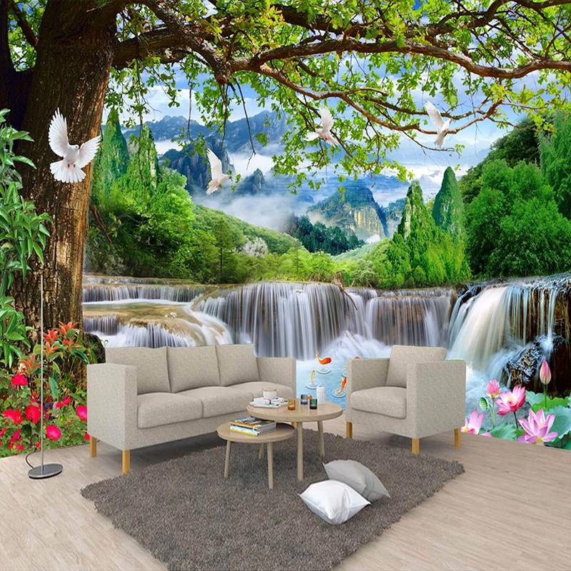 Custom Wall Murals Green Big Tree Forest Waterfall Nature Landscape 3D ...