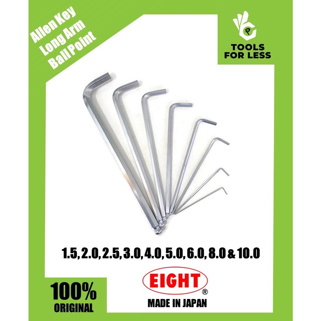Eight Hex Ball Point Long Allen Key Wrench Chrome 1.5 to 10mm Made in