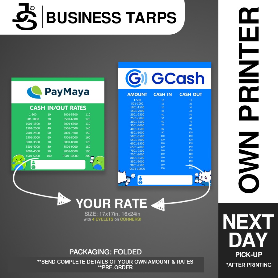 CUSTOM RATE: Gcash/Paymaya/Smart Padala Tarpaulin Rate | Shopee Philippines