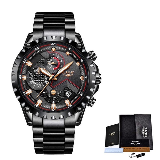 LIGE Men Watch Fashion Classic Stainless Steel Sports Waterproof Quartz  Relo For Men