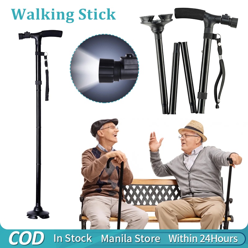 Folding Walking Cane Trusty Cane with LED Light Pivoting Quad Base for