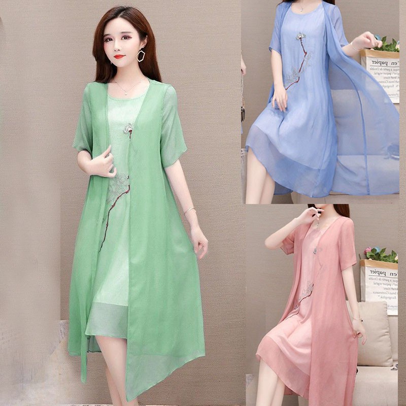Plus Size Embroidered Two Pieces Temperament Long Abdomen Thin Chiffon ...