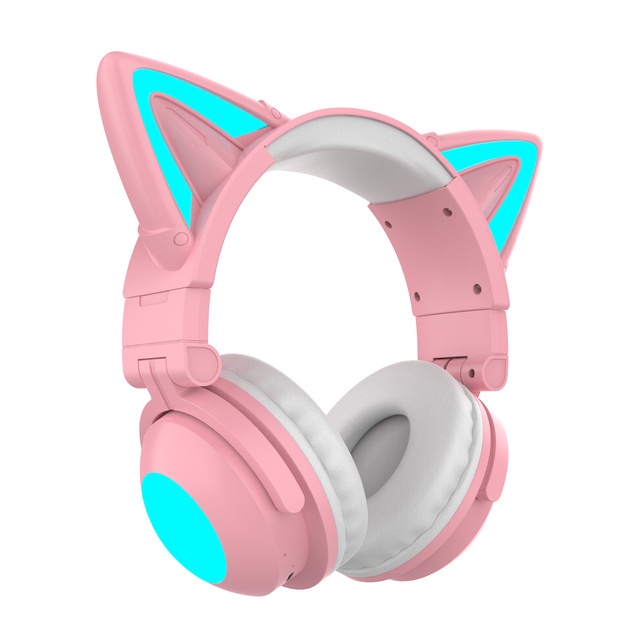 Pink Cute Cat Ear Wireless Bluetooth Noise Cancelling Gaming Headphones  HiFi Headset RGB Headphone with Microphone Mic