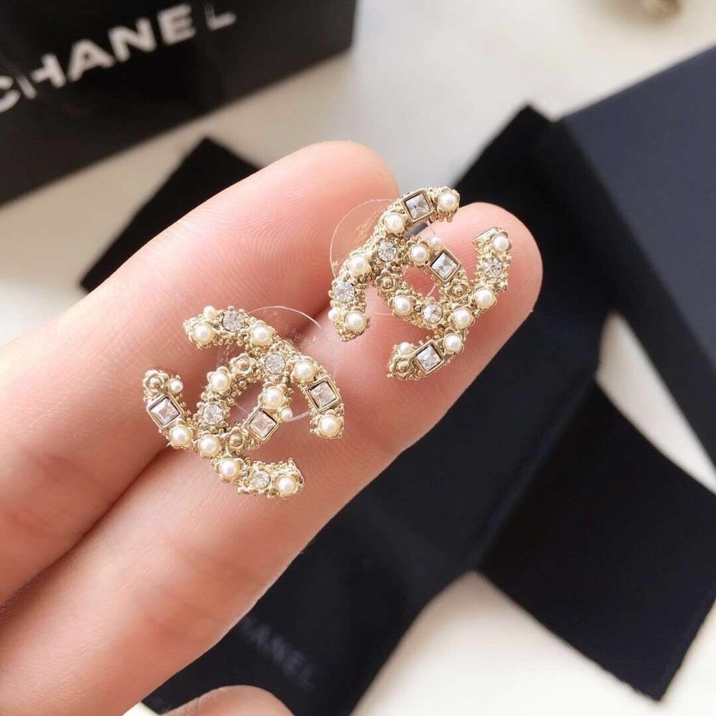 Chanel Earrings Fashion Pearl Diamond Double C Earrings Silver 925