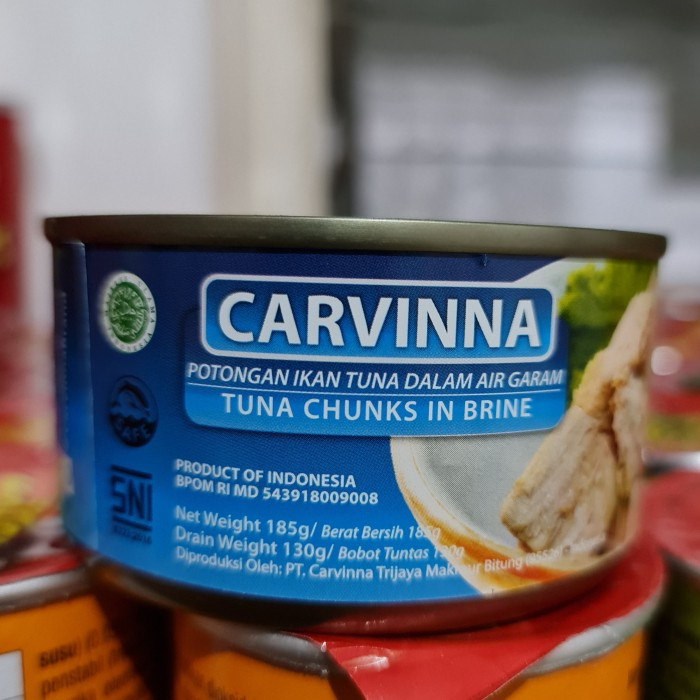 Carvinna Tuna Chunk in Brine Tuna Fish Canned Food/Tuna Chunk in Oil Cut Tuna in Oil 185Gr