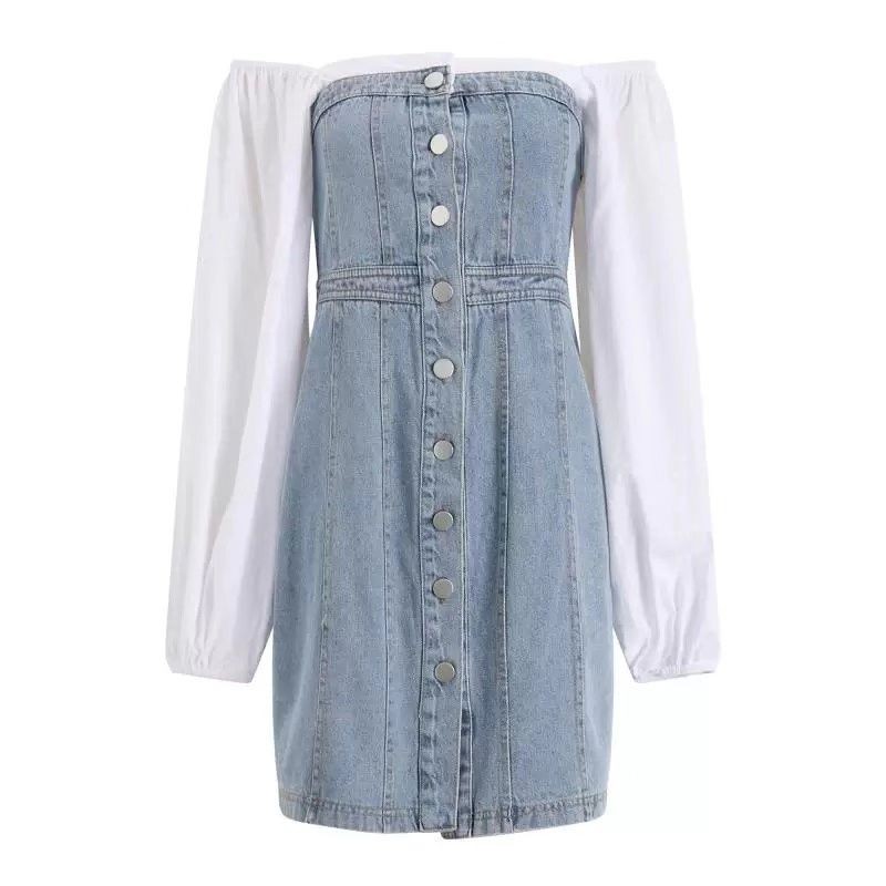 Korean Fashion Square Neck Mock Button Down Denim Dress Shopee Philippines