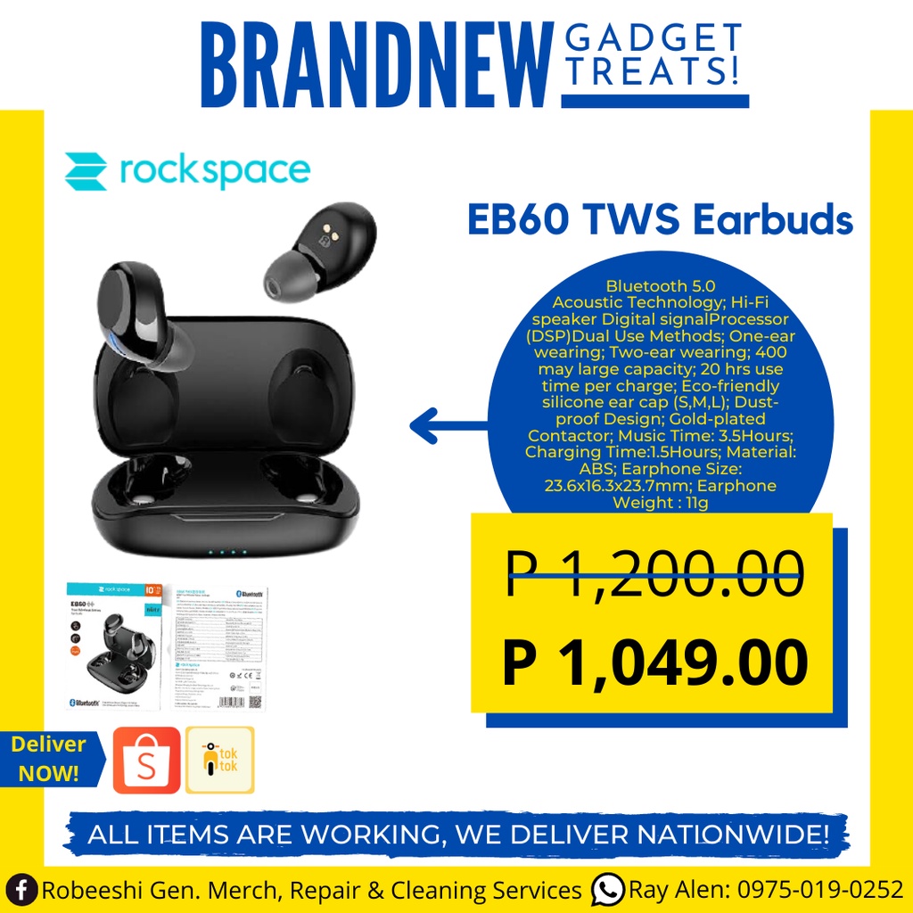 Original Rock space EB60 TWS bluetooth earbuds Shopee Philippines