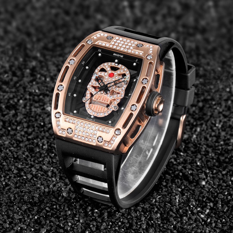 Watch men s wine barrel encrusted with diamonds skull dial high grade skeleton sports watch quartz watch