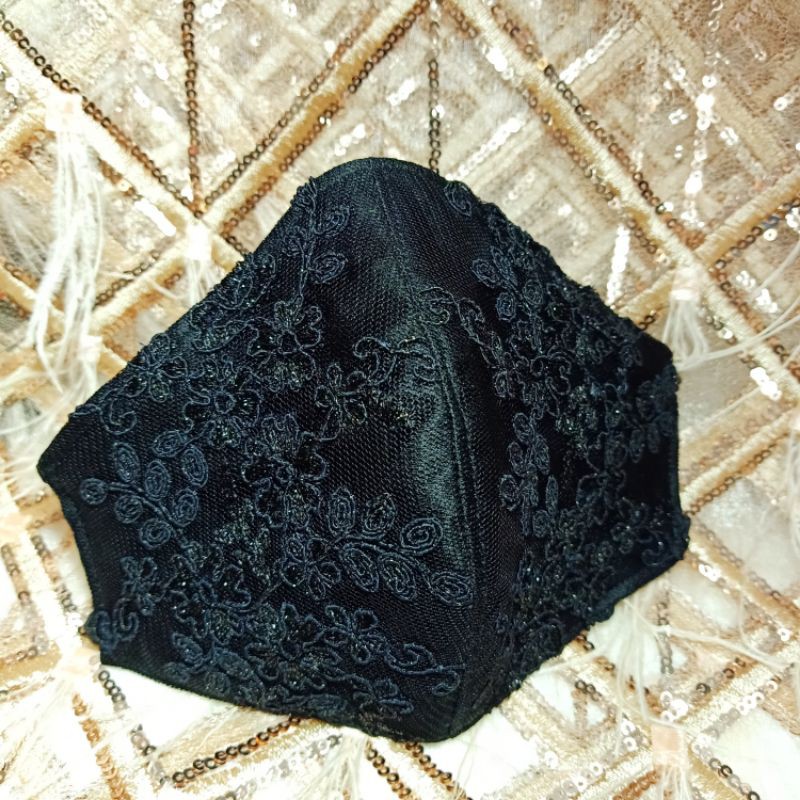 Black Elegant Floral 3-Layer Lace Cloth Mask with Spunbond Filter ...