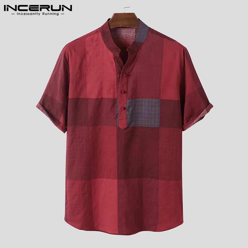 INCERUN Men's Vintage Style Cotton Checkered Short Sleeve Loose Shirts