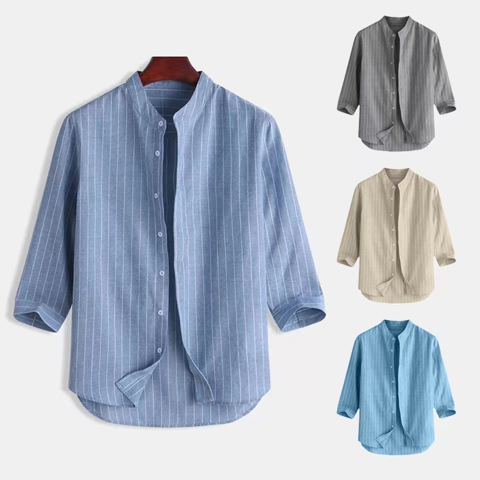 HUILISHI 3/4 Sleeve Chinese collar Striped Cotton Men's Casual Fashion ...