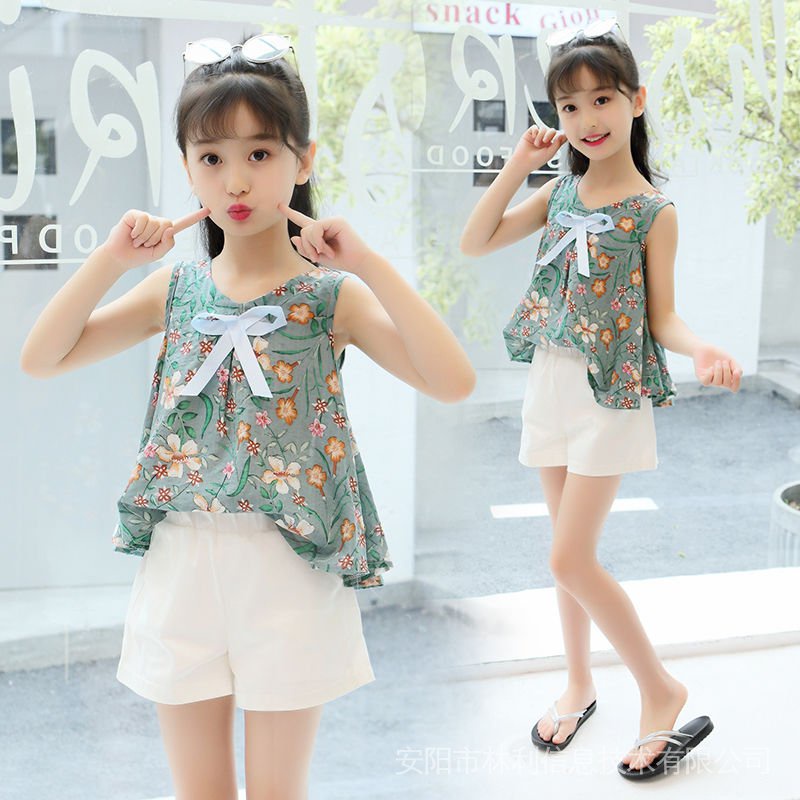 kids suit4 girls sleeveless cotton printed top + shorts two-piece set 6 ...