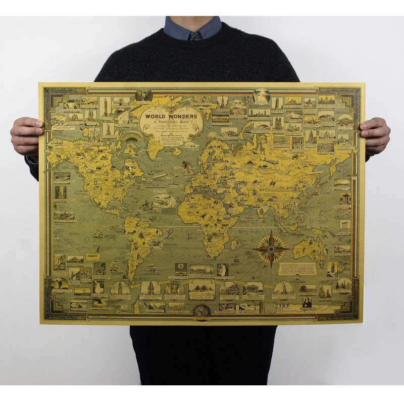 World Wonders Architectural Retro Kraft Paper Poster Map Nostalgic ...