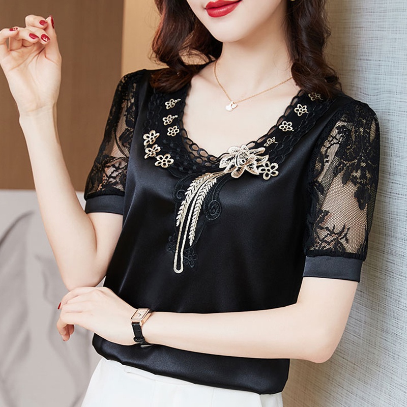 Light Luxury Women Tops Silk Embroidery Blouse Summer Plus Size Blouses ...