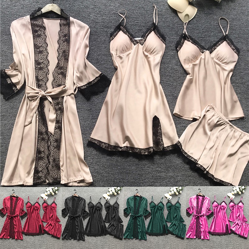 4-Piece Lingerie Women Silk Robe Babydoll Sleepwear Nightdress Pajamas Set  Sleep