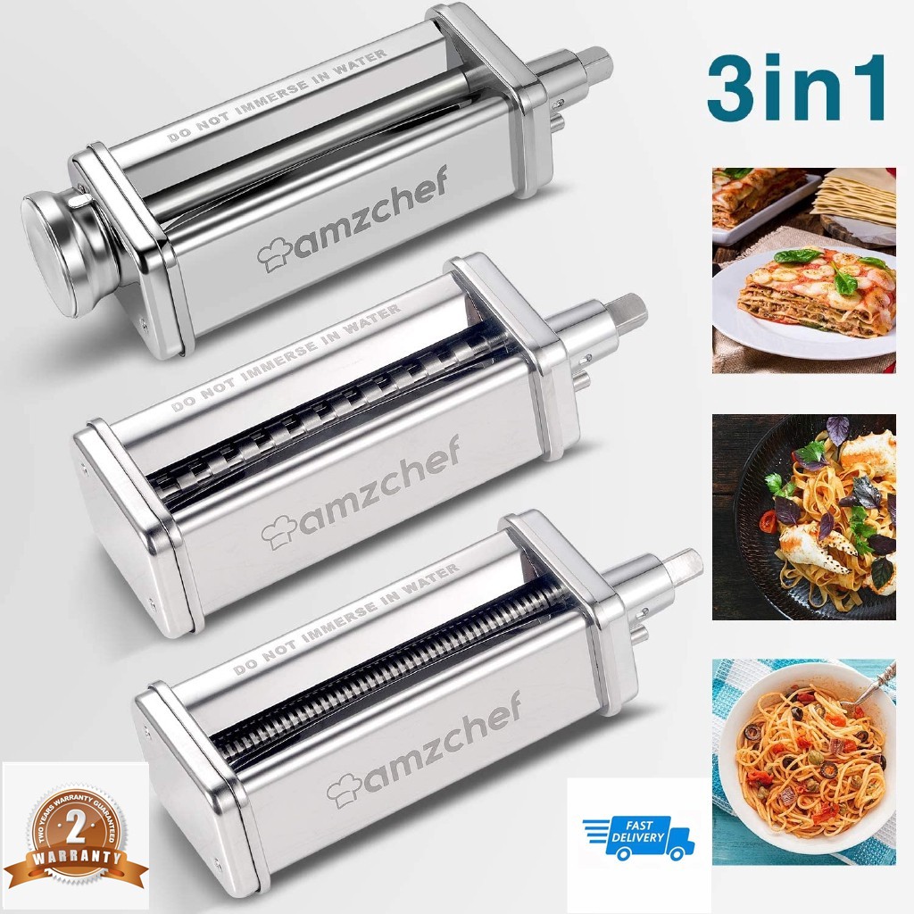 AMZCHEF Pasta Roller Cutter Attachments 3-in-1 Set for KitchenAid Stand  Mixers,Stainless Steel Pasta Maker Accessories,Included Pasta Sheet Roller, 