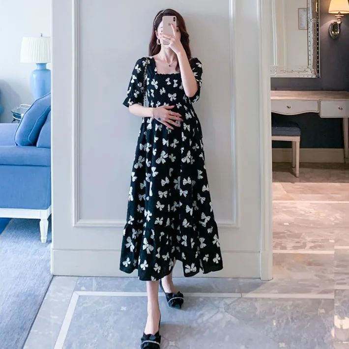 Maternity Dress Summer 2022 New Style Loose Slimmer Look Chiffon Floral  Influencer Age-Reducing Short Skirt Long