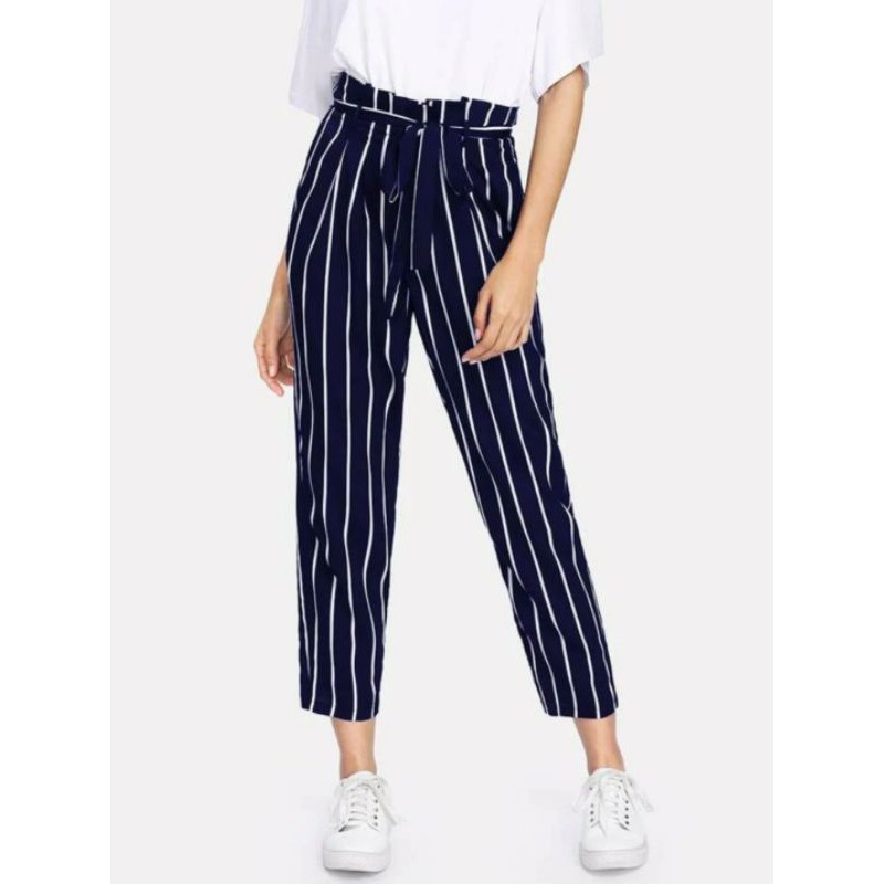 SHEIN Navy Blue and White Self-Belt Striped Garterized Pants | Shopee ...