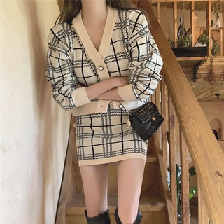 XIMAN Korean Fashion Plaid Long Sleeve Cardigan Skirt Terno